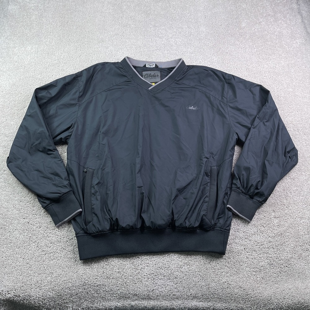 Cabelas Jacket Mens Large Black Mesh Lined Windbreaker Pullover‎ V Neck Outdoors